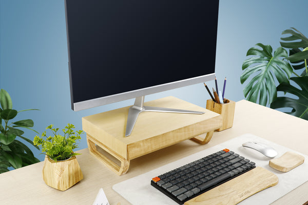 Support écran en bois sur pied, tendance dans les bureaux